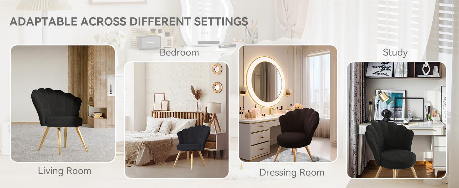 Velvet Accent Chair with Gold Metal Legs, Vanity Chair for Makeup Room, Upholstered Guest Chair for Living Room, for Bedroom, Black