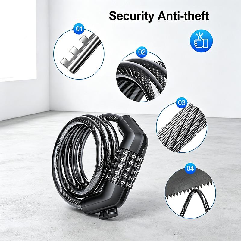 Bicycle Lock, 5-Digit Resettable Combination Cable Lock, with Mounting Bracket, Security Lock for Bikes, Scooters, E-Bikes, Motorcycles, Fences, Gates, Bicycle Accessories