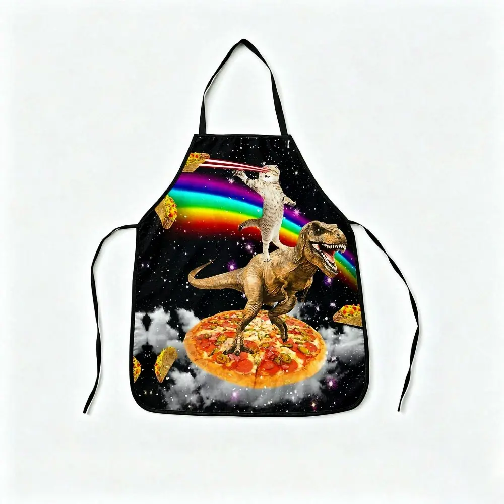 Funny Space Laser Cat Dinosaur Pizza Taco Apron, Waterproof Oilproof Black Novelty Cooking Apron, Rainbow Galaxy T-Rex Kitchen BBQ Apron for Men Women Party Gift;Galaxy Laser Cat Dinosaur Pizza Funny Apron;Space Cat Rides Dino | Wildest BBQ Apron