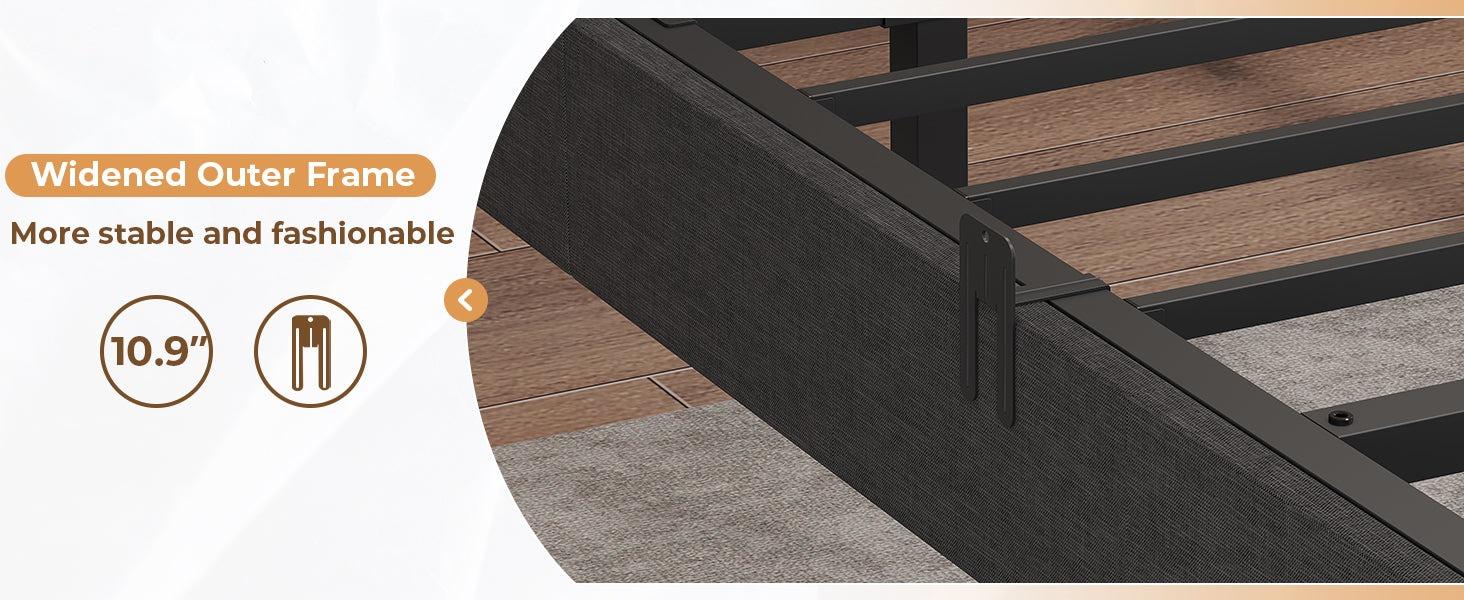 Sikaic Floating Bed Frame Linen Upholstered Platform With LED Lights Underbed Storage Space Dark Grey Angersbed Modern Headboard Unique Bedroom Furniture