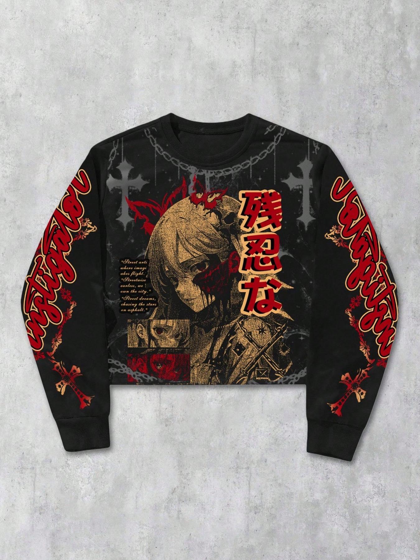 Unisex Streetwear Angel Print Design Sweatshirt, Loose-fitting Casual Long Sleeve Crewneck for Fall & Winter Fashion