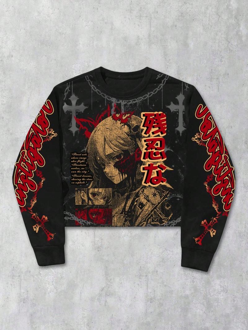 Unisex Streetwear Angel Print Design Sweatshirt, Loose-fitting Casual Long Sleeve Crewneck for Fall & Winter Fashion