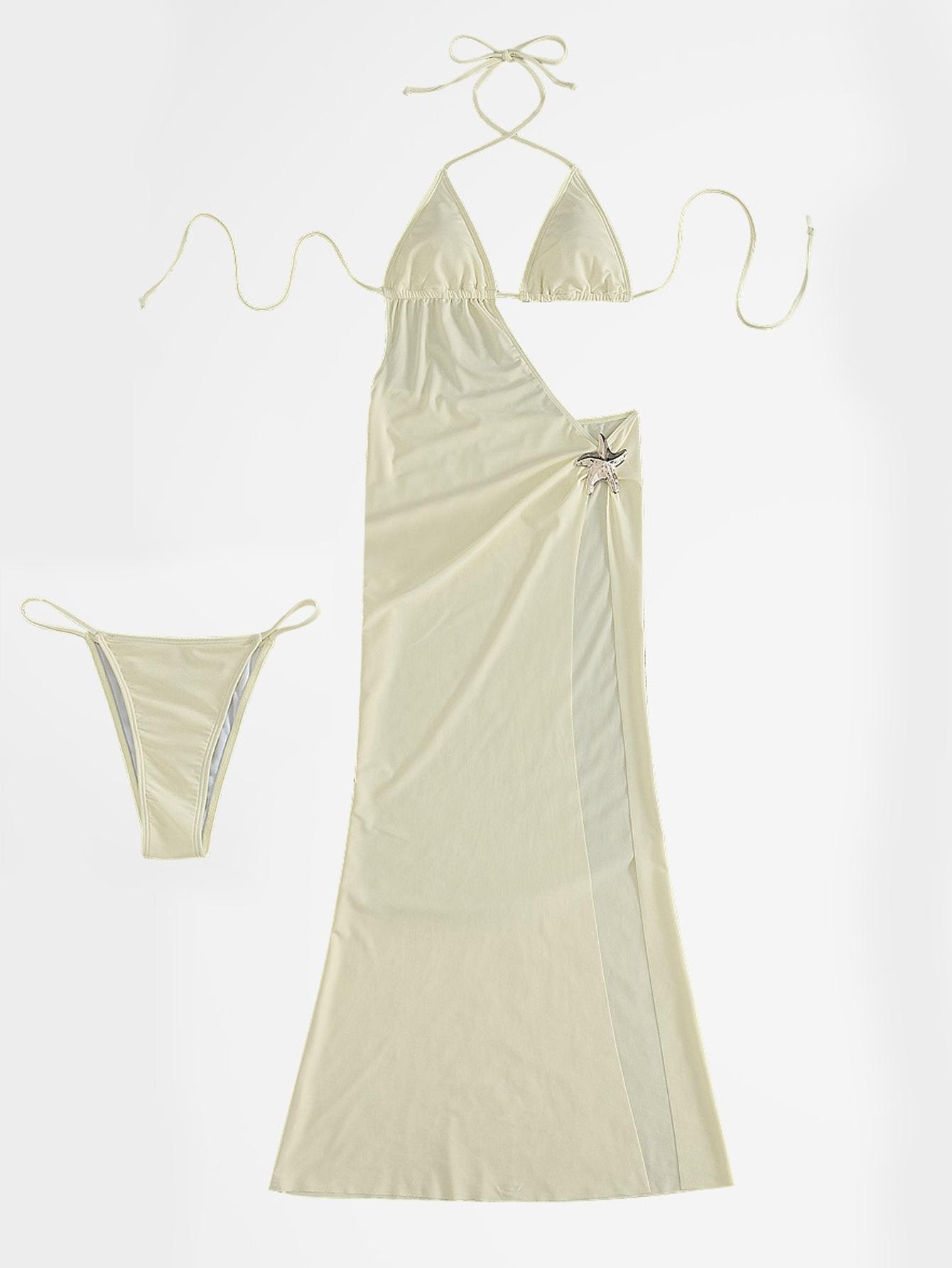 Women's Black One-Shoulder Sleeveless High Slit Maxi Dress with Gold Starfish Metal Accent - Side Cutout Sexy Party Dress for Nightclub, Beach Vacation, Festival Rave