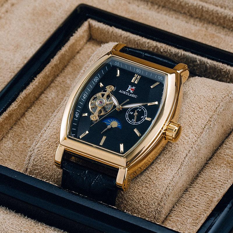 Luxury Automatic Mechanical Watch for Men, Analog Dial, Leather Strap, Moon Phase Display, Minimalist Barrel Design, No Battery Needed