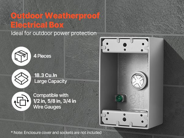 VEVOR Outdoor Electrical Box, 4.5x 2.8x 2 in, Weatherproof Outlet Junction Box, Suitable 1/2-Inch or 3/4-Inch Electrical Conduit, 18.3 Cu. In Large Capacity Plug Receptacle Protector, 4PCS, Gray