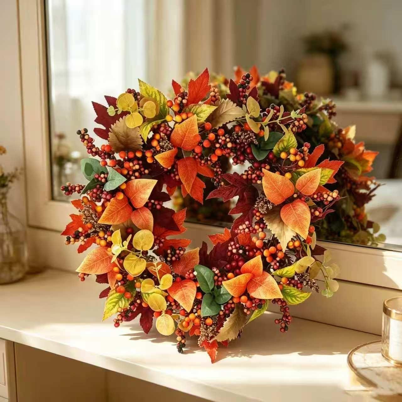 Vibrant Autumn Artificial Wreath, Maple Leaves with Mixed Berries, Rustic Thanksgiving and Fall Porch Decor