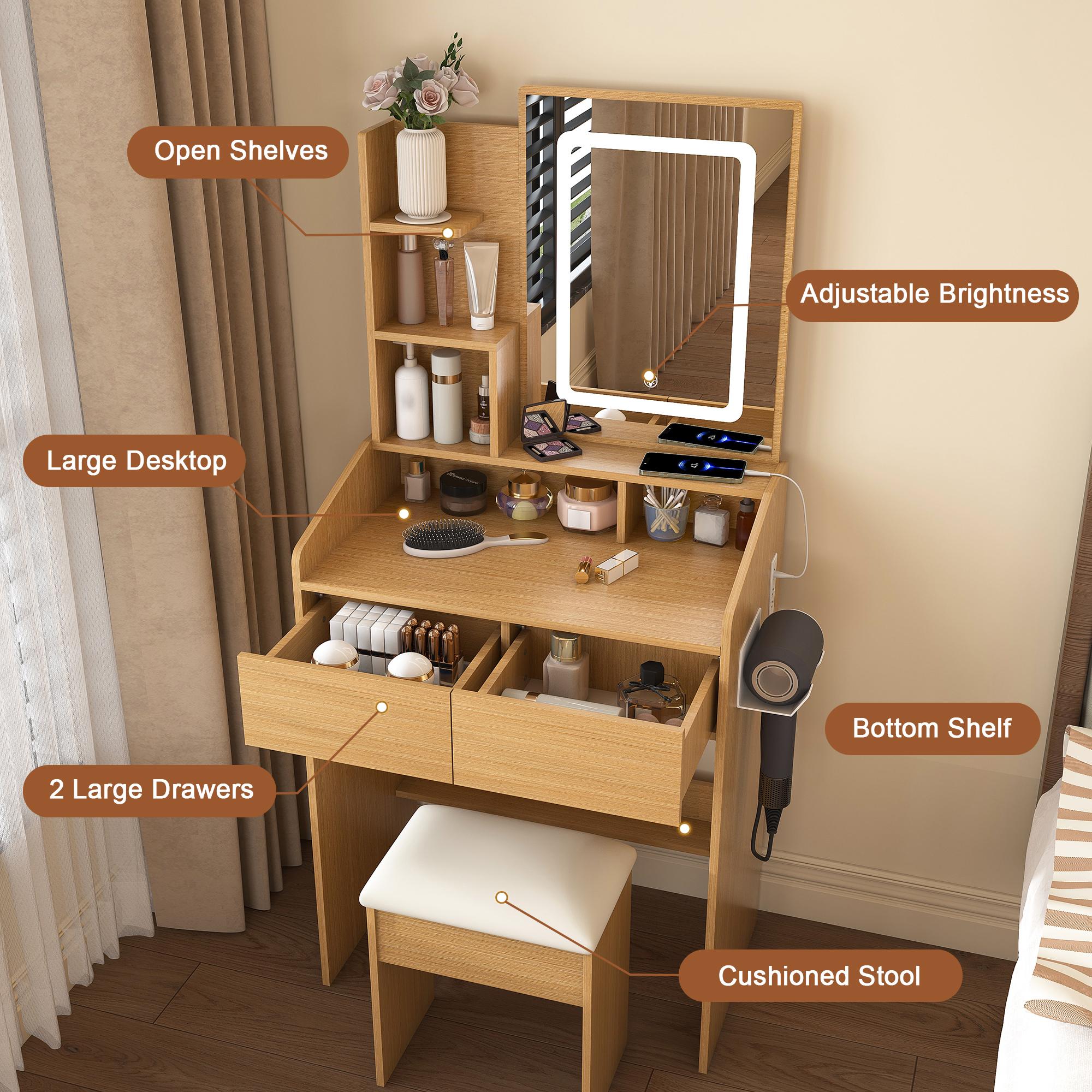 Small Vanity Desk with Mirror and Lights, Makeup Vanity Table with Power Outlet & 2 Drawers & 4 Shelves & Stool,Dressing Table Set for Bedroom, 3 Color Mode, Wood