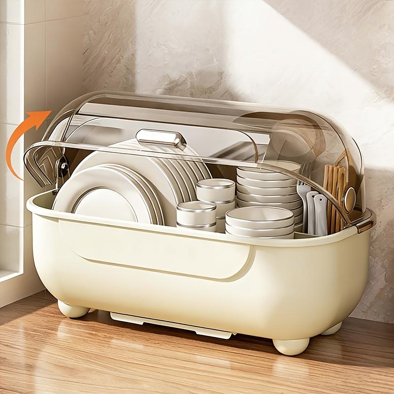 1 Piece Covered Drawer-Style Dish Rack with Water Draining Base. Multifunctional Dustproof Tableware Storage Cabinet, no standing water. Works on countertops and inside cabinets, perfect for kitchen bowl and plate storage.