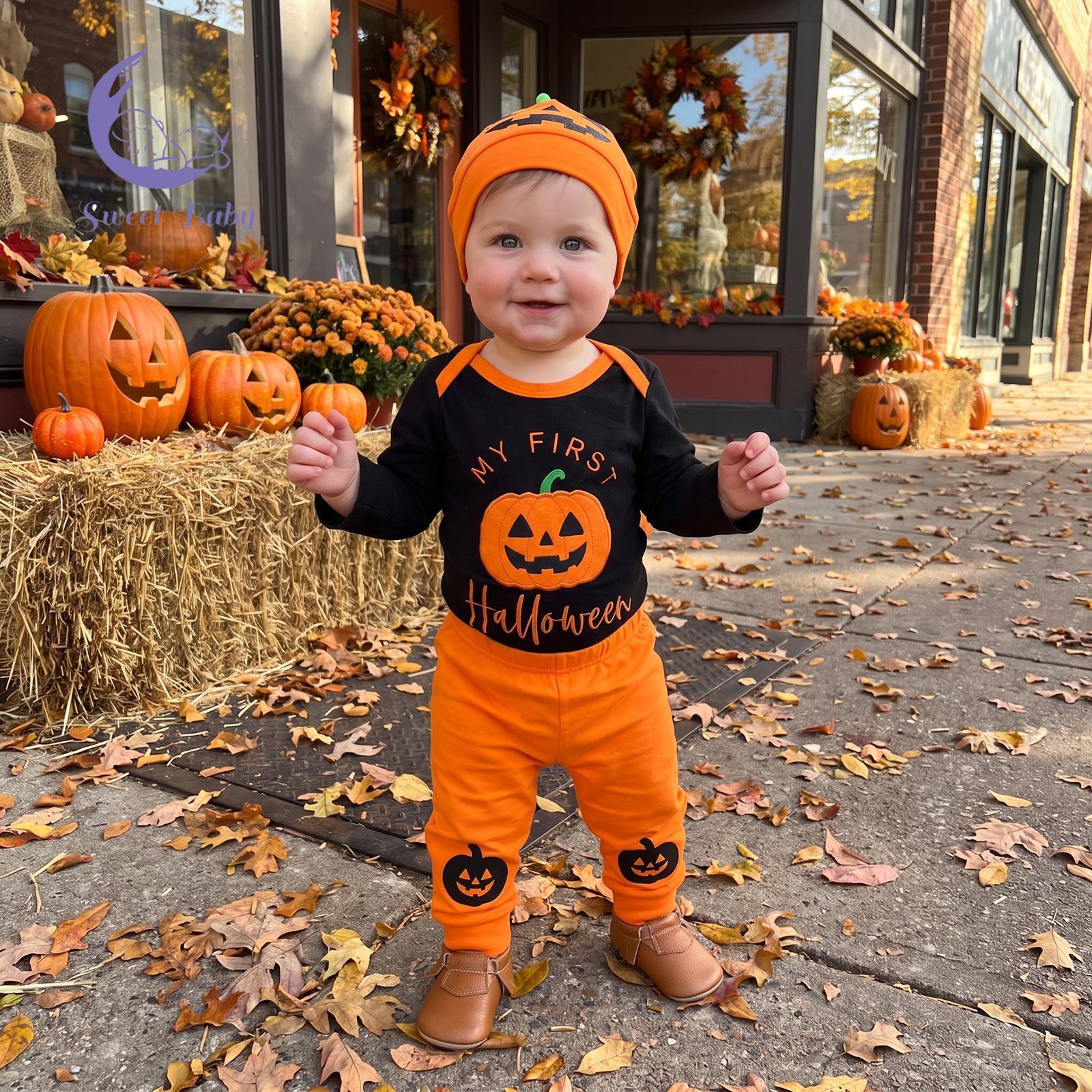 Baby Boy Halloween 3-Piece Gift Set - Polyester Embroidered Long-Sleeve Romper, Pants, Pumpkin Bat Accent Hat