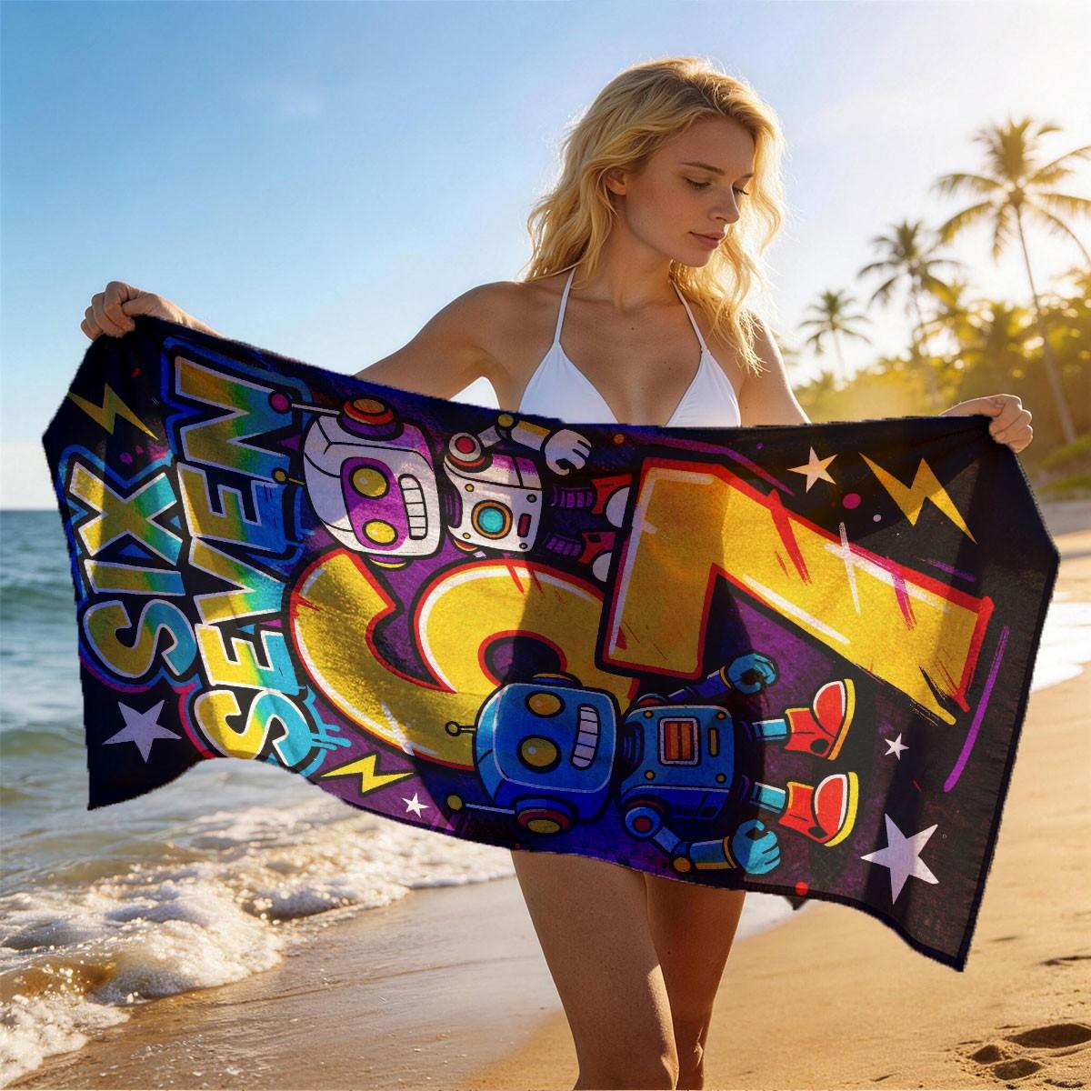 A Number 67 Robot Graffiti Trendy Printed Beach Towel - Oversized, Skin-friendly, Absorbent and Quick-drying, Perfect for Beach and Pool Leisure, Ideal for Summer Trips - Suitable for Seaside Vacations, Pool Parties and Outdoor Picnics Quick Drying Towels