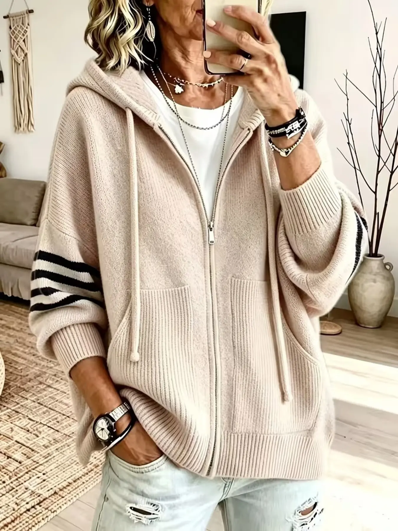 New Arrival Fall Women's Lazy Style Drawstring Hooded Zip Up Knit Cardigan, Contrast Striped Sleeve Design, Oversized Drop Shoulder Sweater Coat With Pockets