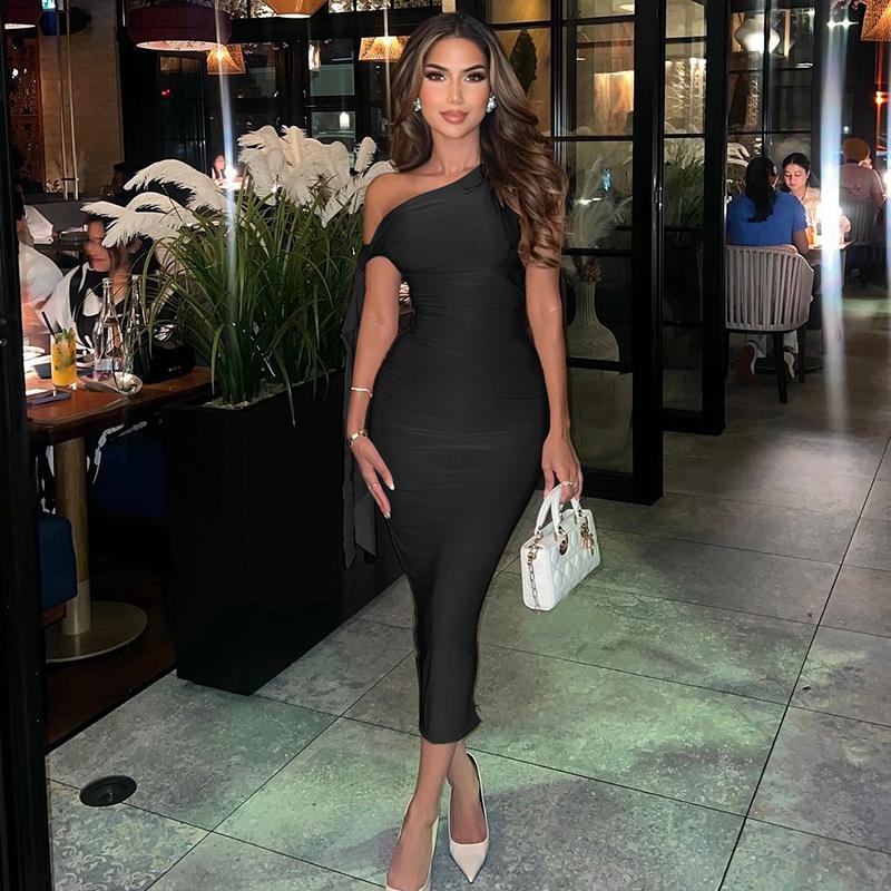 Knotted One Shoulder Tie Bandage Midi Dress for Women's  2025 Summer Asymmetric Sleeveless Bodycon Slim Casual Elegant Sexy Party Club Dating Outfit Dress