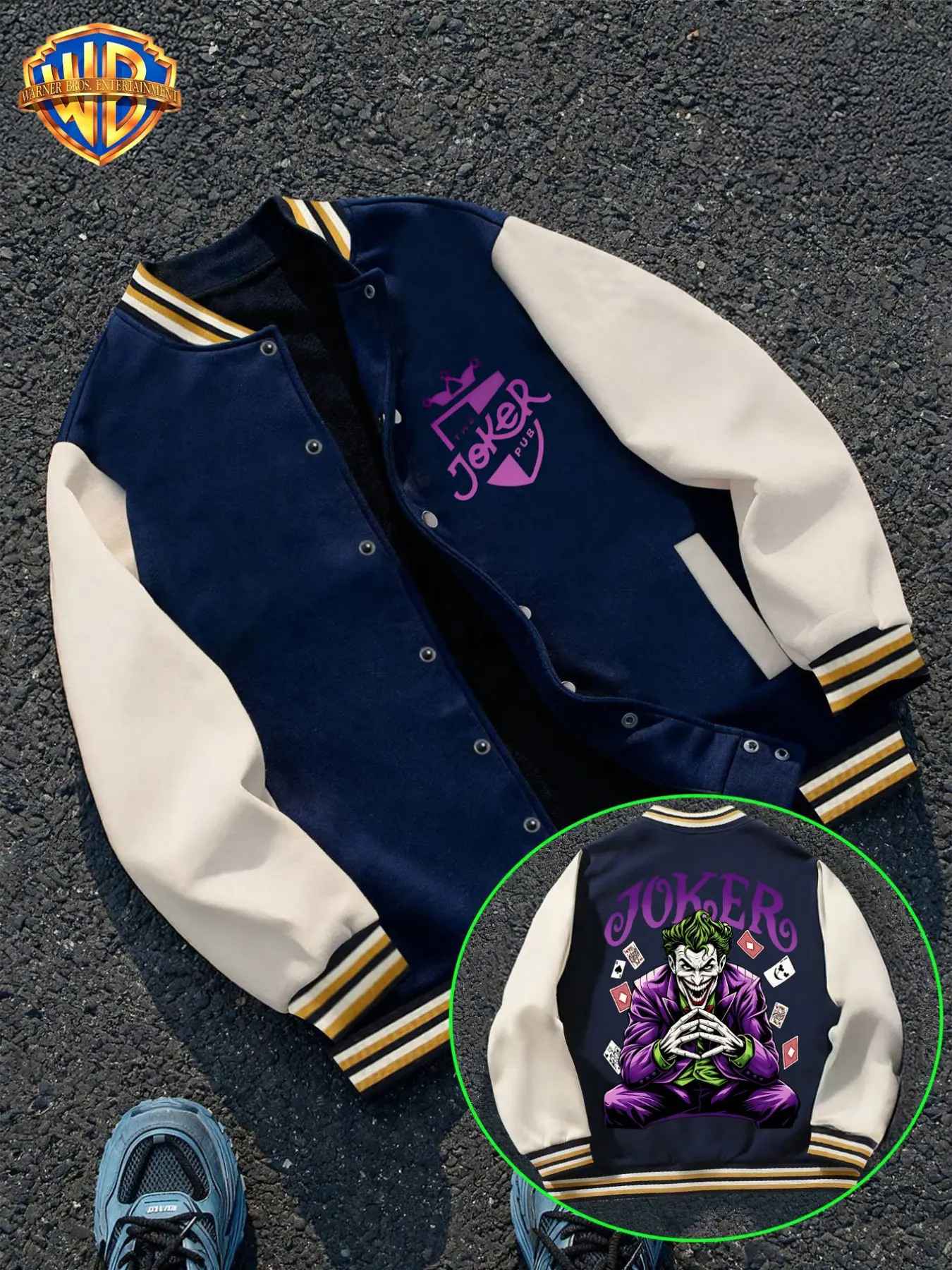 Wb Warner Bros. Joker Graphic Varsity Jacket, Color Block Raglan Sleeve, Button Up Streetwear, Halloween Costume Jacket