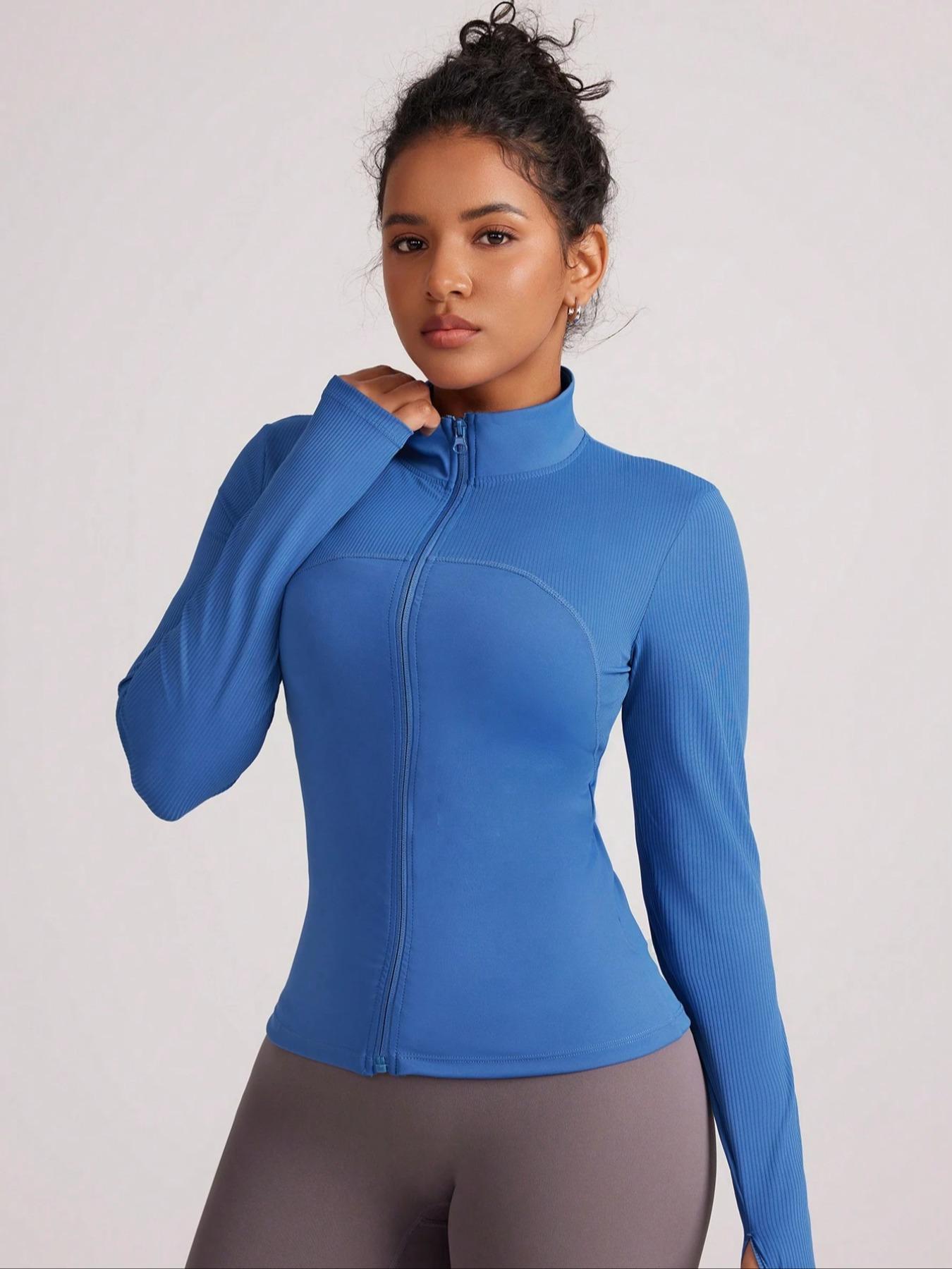 Women's Solid Zip Up Sports Jacket, Sporty Long Sleeve Stand Collar Outerwear for Gym Workout Running, Ladies Sportswear Womenswear for All Seasons