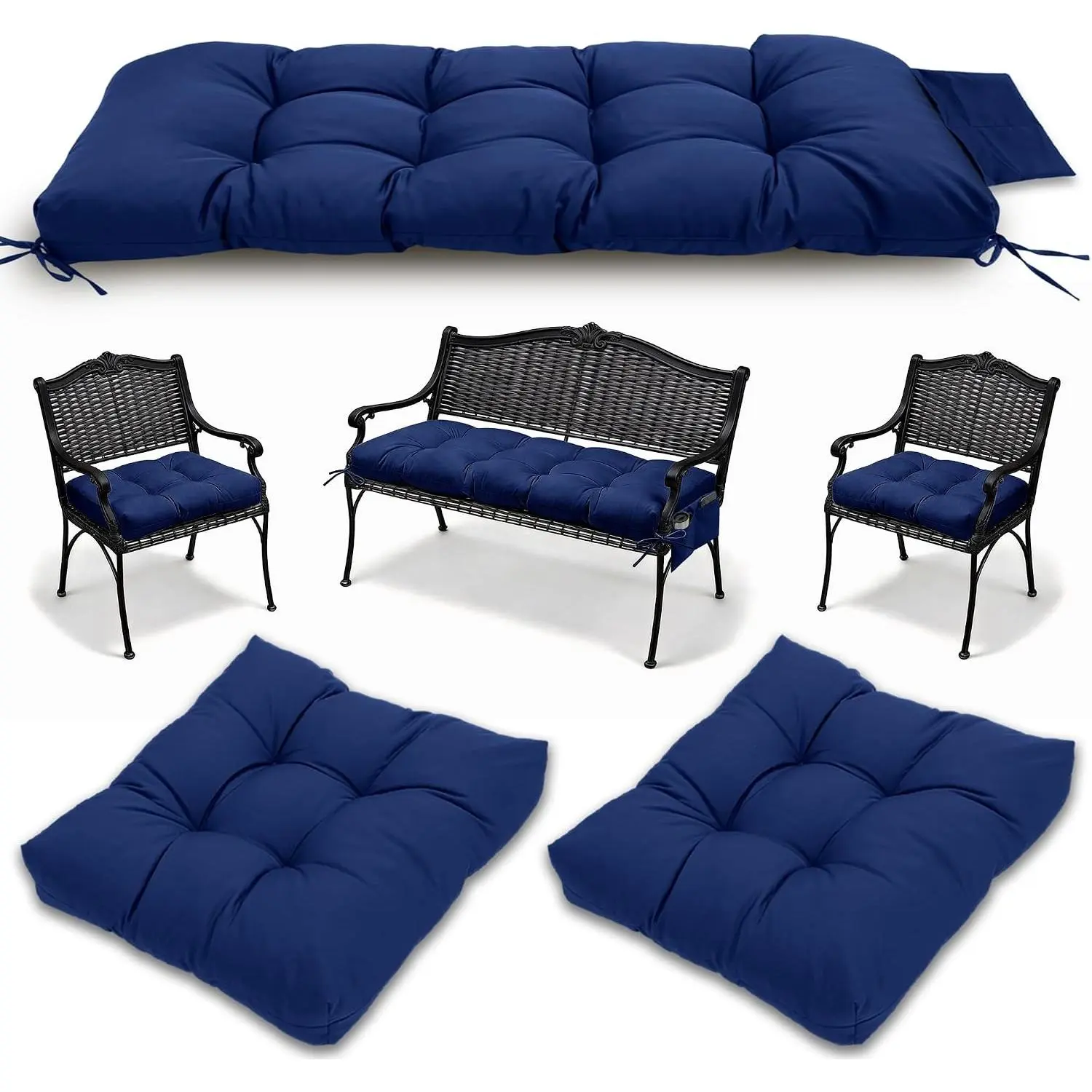 3 Pcs Wicker Chair Cushions Patio Loveseat Chaise Cushion Set - 1200D 47x19*4 Inch Waterproof Wicker Bench Cushions with 2 19x19x4 Inch Chair Cushions for Garden Porch Wicker Patio Furniture(Navy)