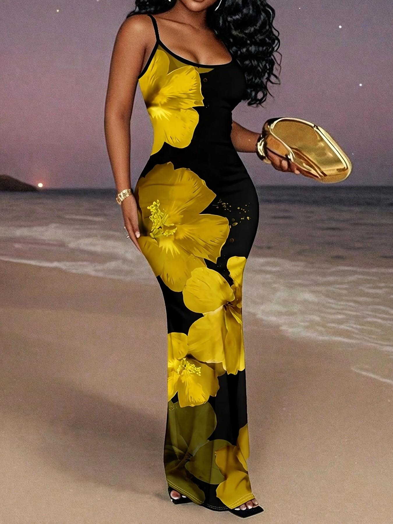 Summer Slim Fit Women's Elegant Floral Print Dress, Sleeveless Halter Neck, High Waist Bodycon Long Dress, Fall Fashion Tksp087