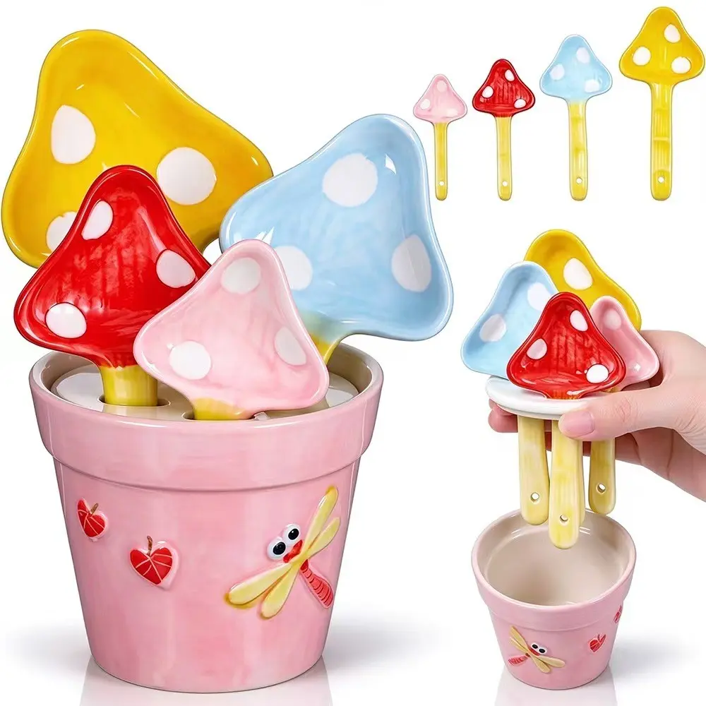 5Pcs Cute Mushroom Ceramic Measuring Spoons Set with Storage Pot, Polka Dot Flower Pot Shape Spoon Holder, Precise Baking & Cooking Measuring Cups for Dry & Wet Ingredients, Dishwasher Safe Kitchen Gadget, Measuring Utensils & Housewarming Gift
