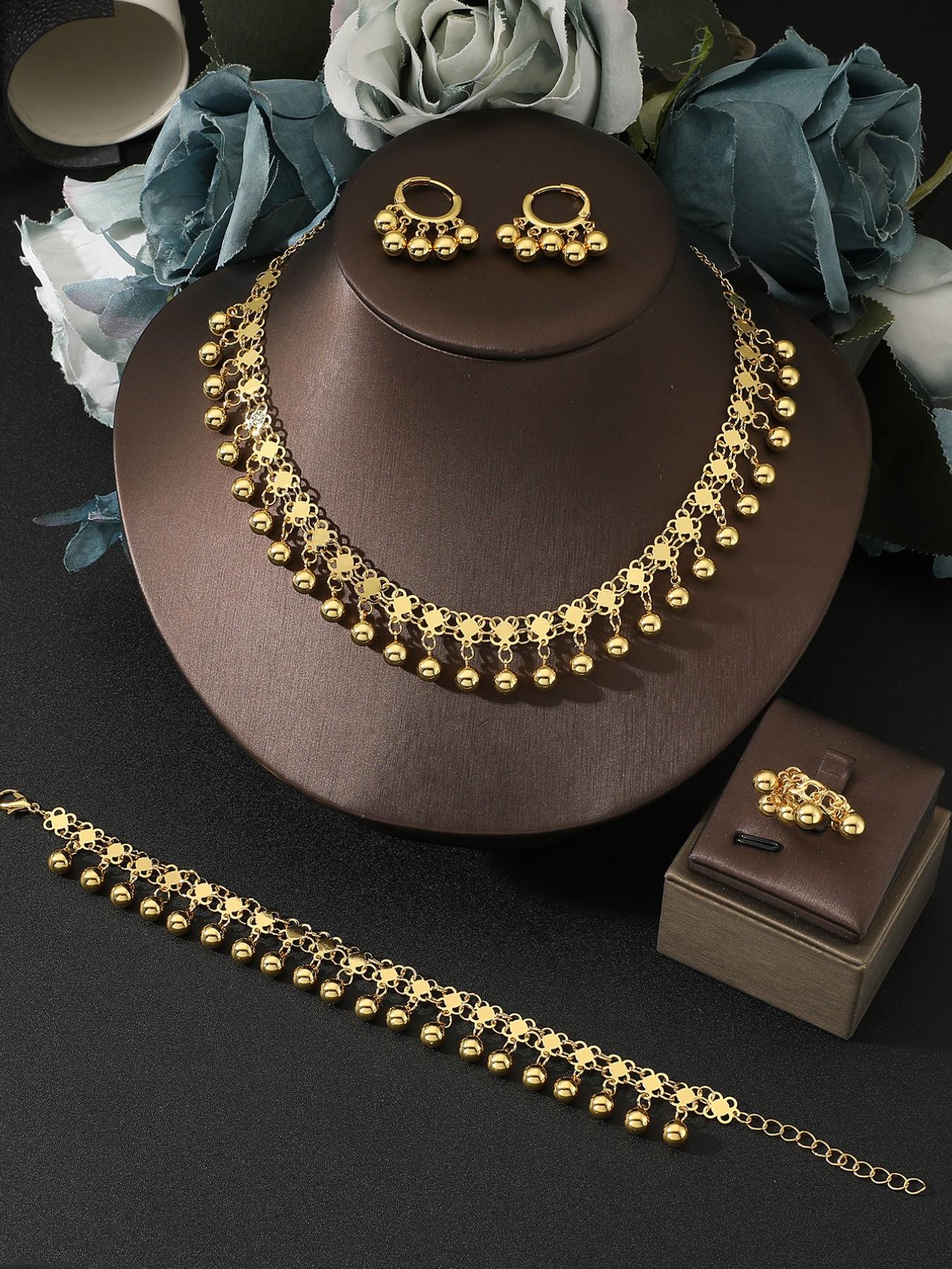 3 Piece Vintage Gold Bead Bell Necklace Set, Women's Unique Long Sweater Chain, Bridal Party Jewelry Gift, Casual Style