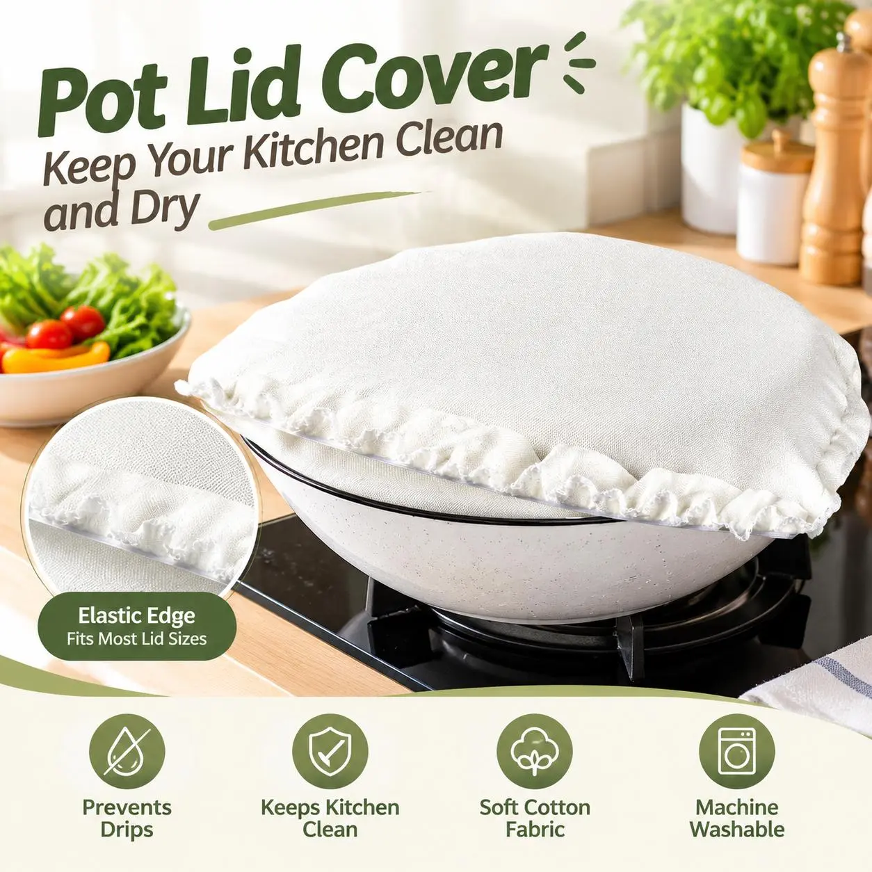 Reusable Cotton Pot Lid Cover, Elastic Bowl Proofing Cover, Food Grade Cloth Lid Sleeve, Anti Drip Anti Oil Splash Round Pot Cover for Kitchen Cooking, Bread Dough Proofing, Multi Sizes, Machine Washable