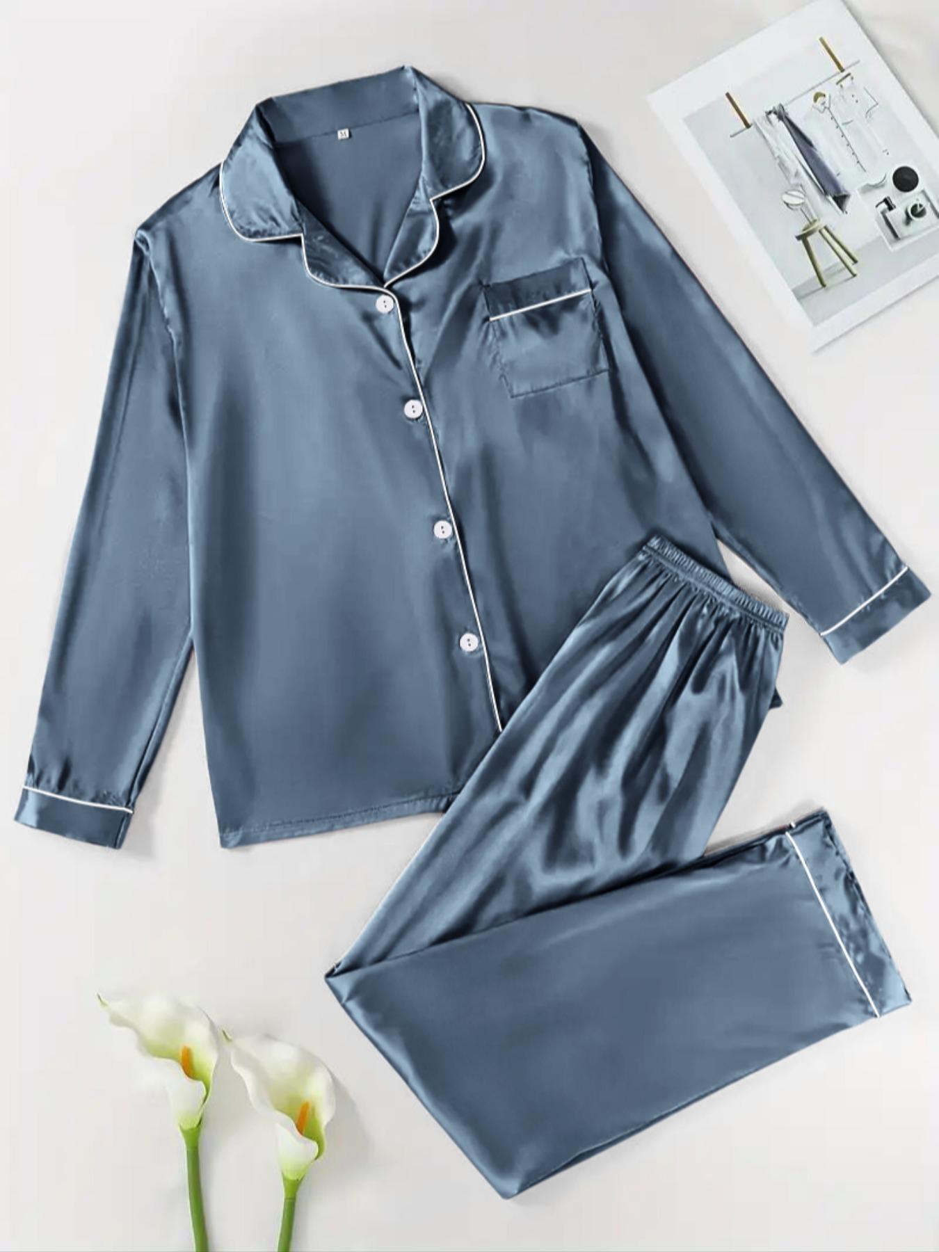 【Valentine's Day】Two-Piece Set Women's Solid Contrast Binding Satin Pyjamas, Pajamas, Long Sleeve Lapel Button Front Shirt & Elastic Waist Pants PJ Set, Casual Comfortable Sleepwear Set for Women