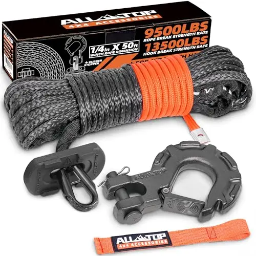 Synthetic Winch Cable w/ Forged Winch Hook - 1/4in x 50ft - 9,500 Lbs