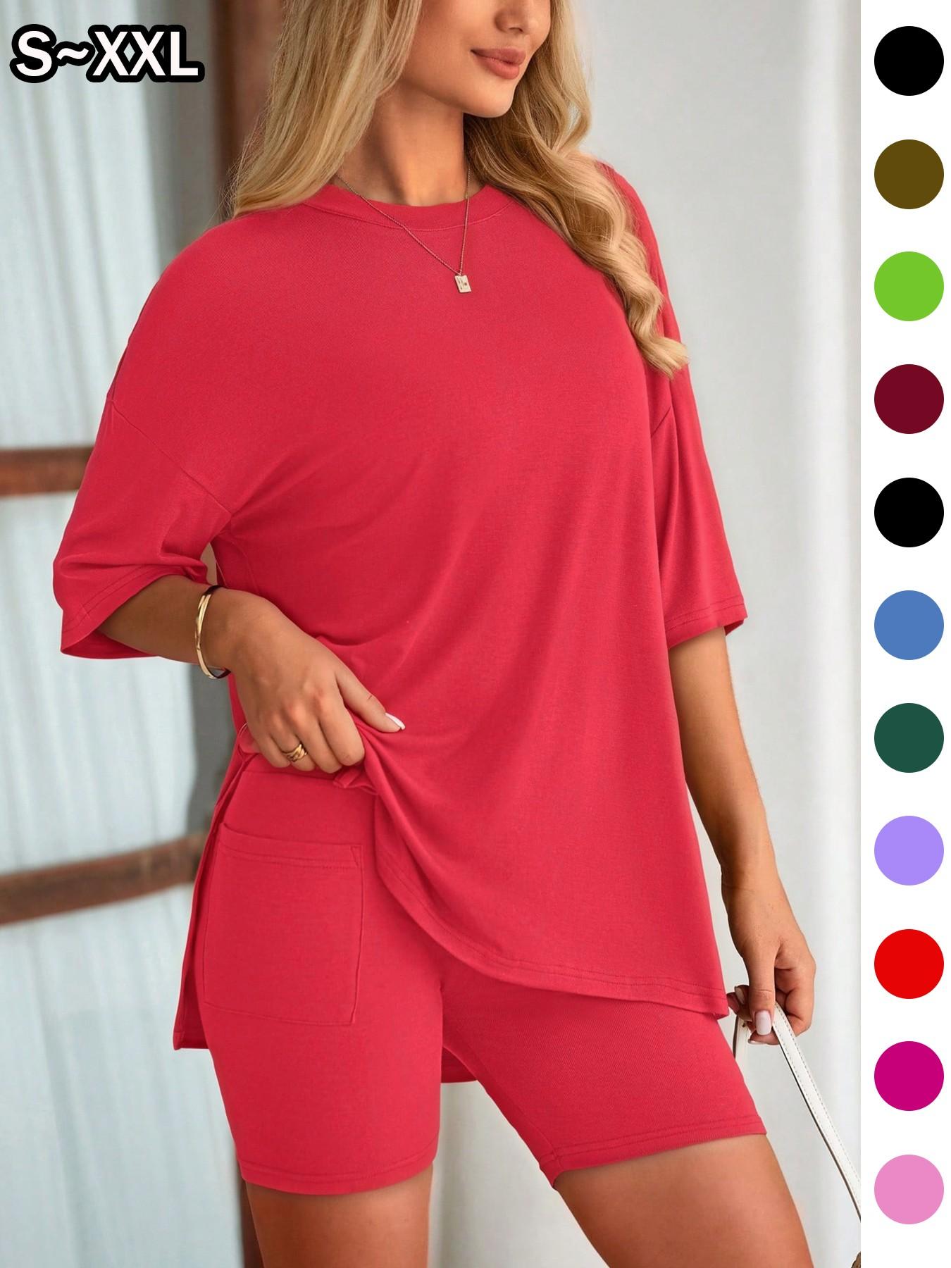 Women's Solid Color 2-Piece Set, Round Neck Loose T-Shirt and Pocket Tight Shorts, Comfort Summer Loungewear Pajamas, Suitable for Outdoor Wear