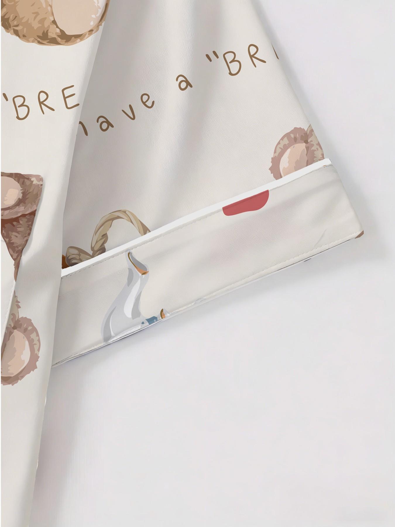 Women's Short Sleeve Button Down Top and Shorts Pajama Set, Spring Summer Wear, For French Romantic Lovers, White Base Rose Teddy Bear Print, Classic Lapel Collar, Loose Fit, Comfortable For Home & Travel