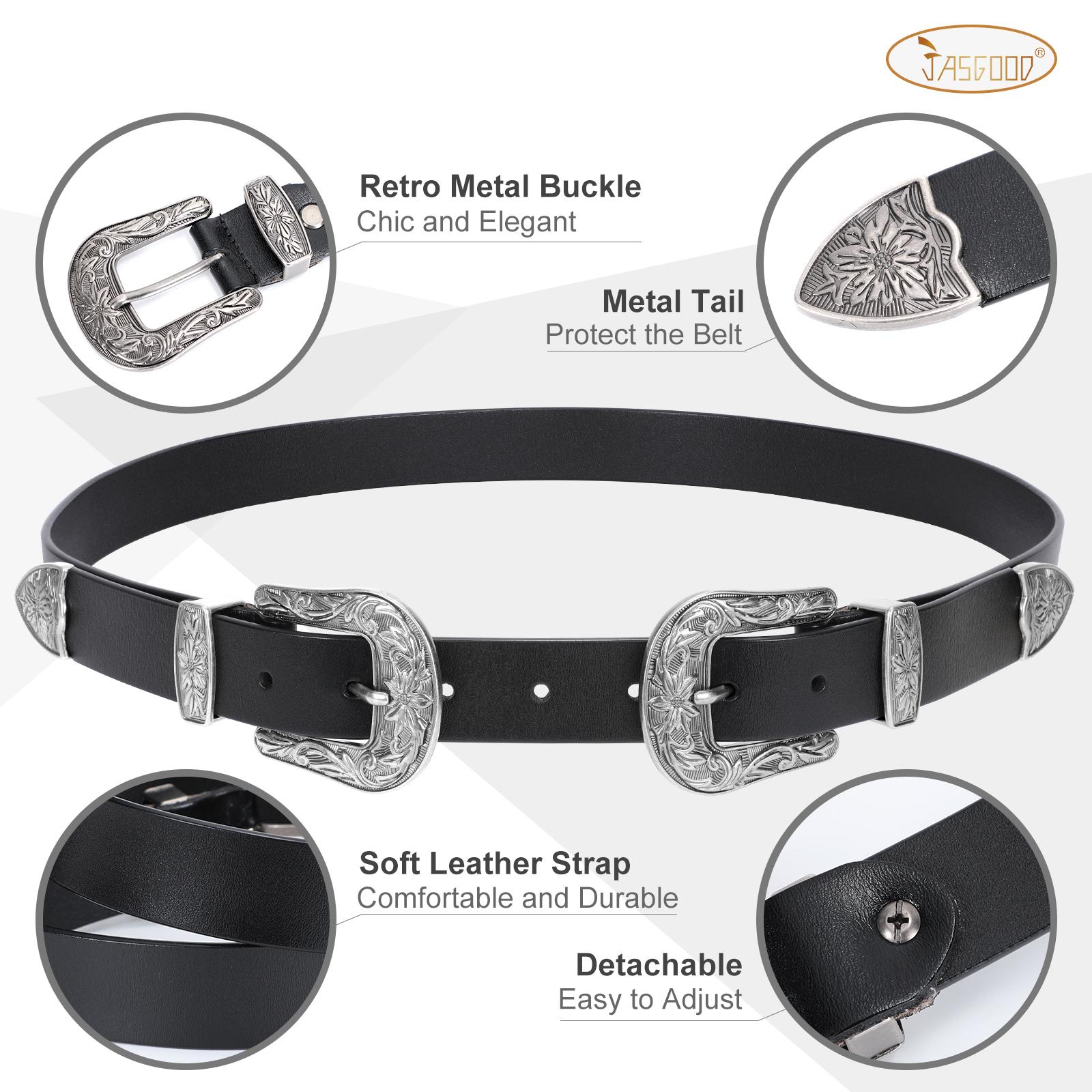 JASGOOD Women Leather Belts Ladies Vintage Western Design Black Waist Belt for Pants Dresses Boho Leaf cowgirl  belt