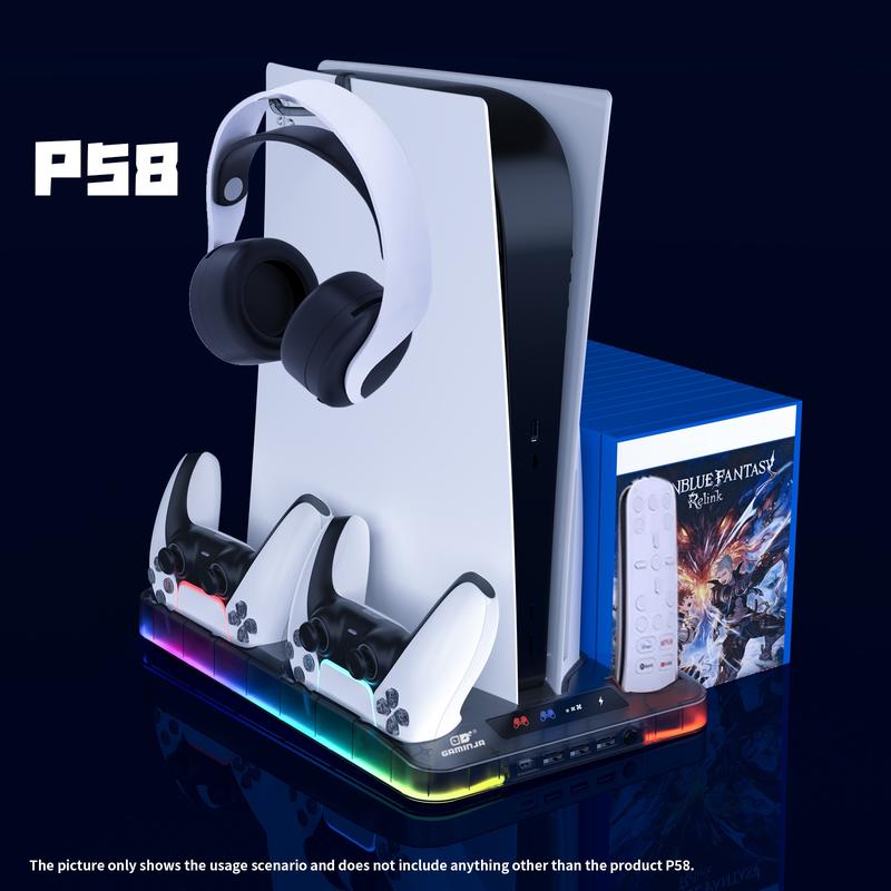 Gaming Console Charging Base, Dual Charging Stand with Earphone Hook, Vertical Cooling Support, Console Accessories for PS5 Controller, Charging Dock Accessories
