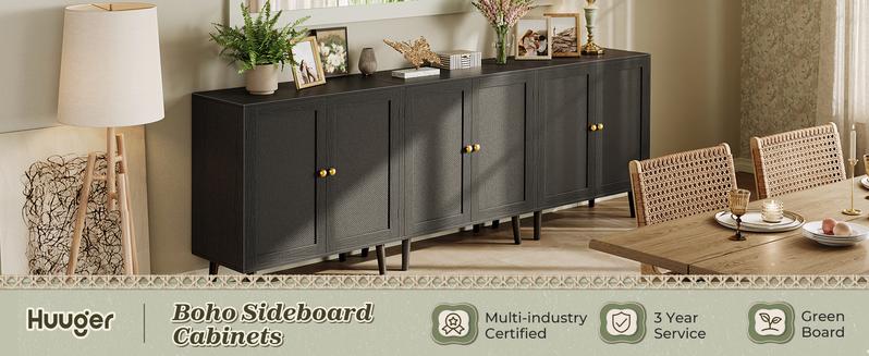 Huuger Buffet Cabinet with Storage, Storage Cabinet with PE Rattan Decor Doors, Media Console with Solid Wood Feet, Sideboard Cabinet for Hallway, Entry, Living Room