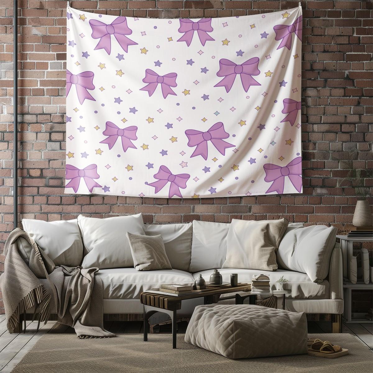 Purple Bow Tapestry, Cute Star Print Wall Hanging, Aesthetic Tapestries Wall Blanket, Coquette Room Decor Backdrop Decor, Soft Fabric Wall Art for Bedroom Living Room Dorm