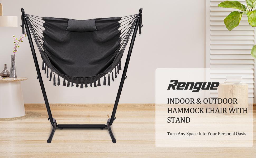 Rengue Hammock Chair with Stand, Heavy-Duty Swing Chair for Indoor & Outdoor Use, Height Adjustable Hanging Chair, Weather-Resistant Powder Coated Steel, Max Load Capacity of 350lbs