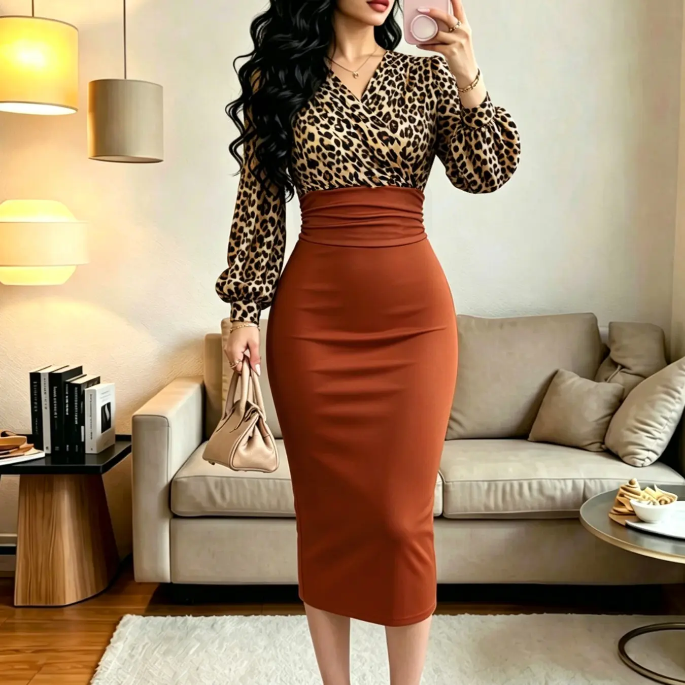 Elegant V-Neck Long Sleeve Midi Dress, Formal, Leopard Print Patchwork ...