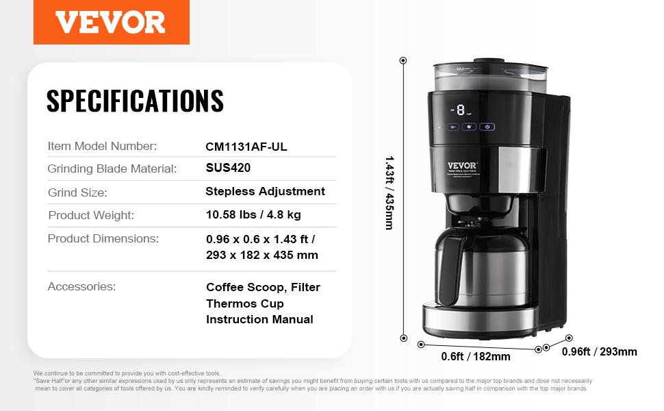 VEVOR Coffee Maker with Grinder, 8 Cup Programmable Coffee Machine, Grind and Brew Coffee Maker with 24-Hour Timer for Auto Brew, Reusable Filter, for Home Office Restaurant VEVOR Coffee Maker with Grinder, 8 Cup Programmable Coffee Machine, Grind and Brew Coffee Maker with 24-Hour Timer for Auto Brew, Reusable Filter, for Home Office Restaurant
