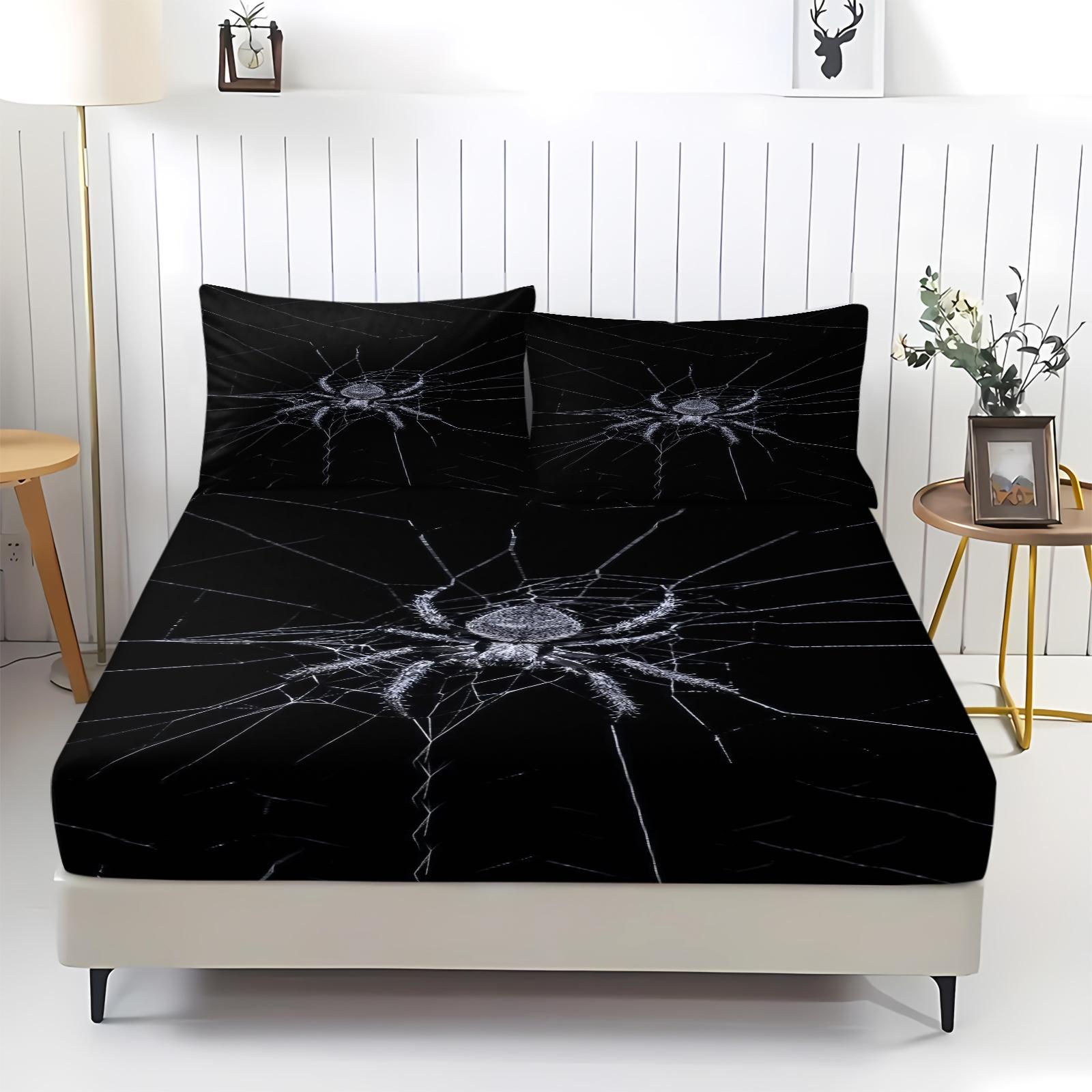 Spider Pattern Bedding Set (1 Fitted Sheet + 2 Pillowcases), Deep Pocket Fitted Sheet, Modern Home Essential Decorative Bedding