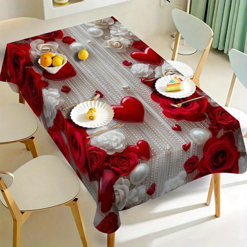 【 1PC 】 Romantic Printed Polyester Tablecloth with Rose, Pearl, and Heart Patterns, Suitable for Home, Kitchen, Restaurant, Party, Holiday - Indoor/outdoor Use