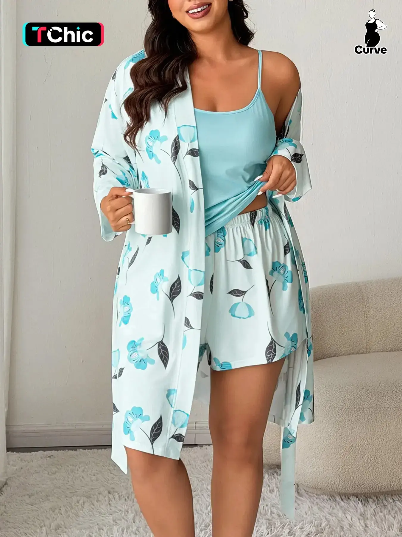 Women's Plus Size Sleepwear Set Pjs, Floral Print Tank Top Shorts + Printed Belted Robe, Soft Home Wear, Casual Spring & Fall