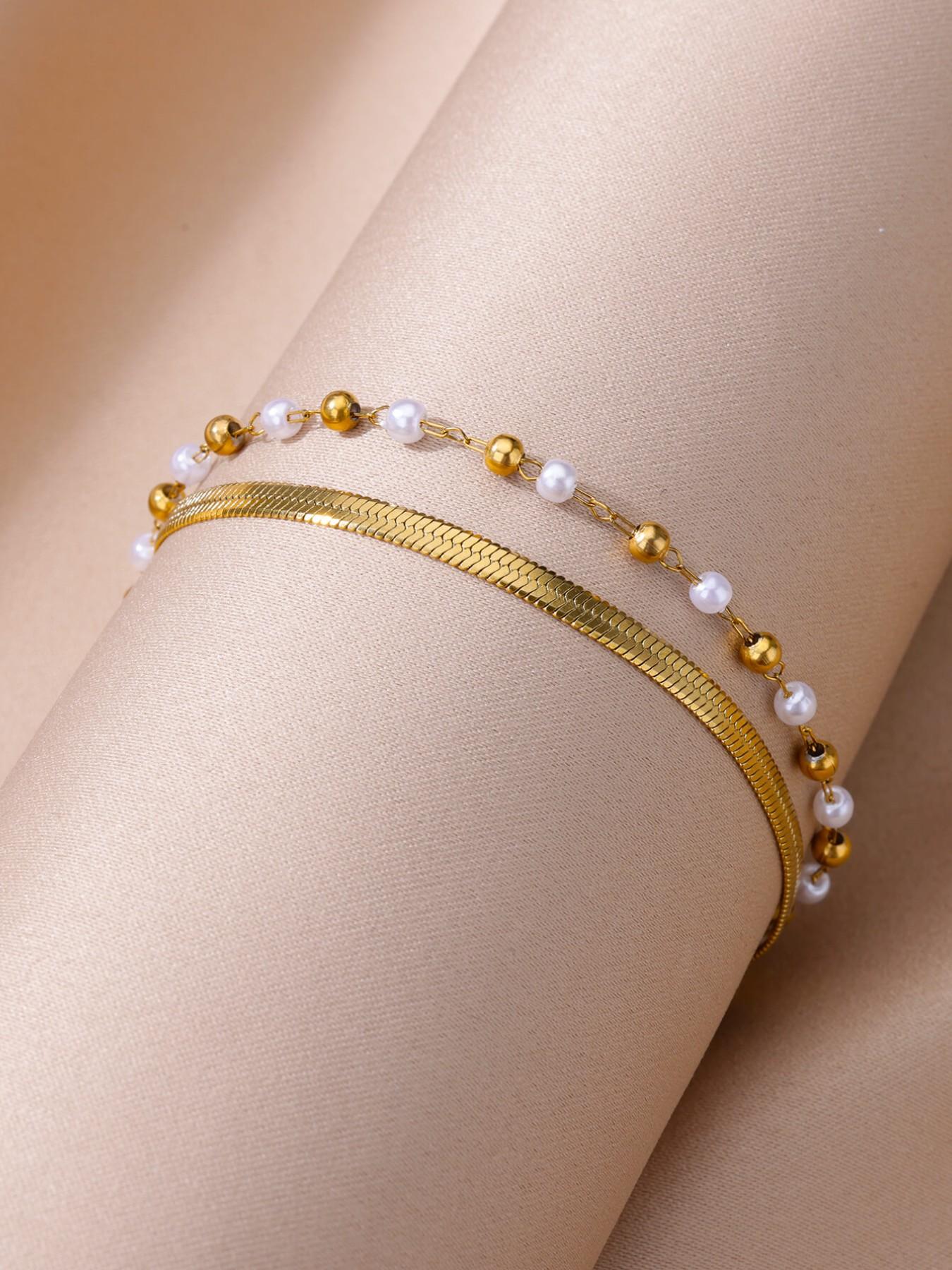 1 Pcs Imitation Pearl Round Bead Layered Anklets for Women Sainless Steel Summer Beach Flat Snake Chain Leg Chain Ankle Bracelet Femme Fashion Waterproof Jewelry,Perfect Gifts for Birthday,Party,Wedding,Anniversary,Mother's Day,Vacation,Daily