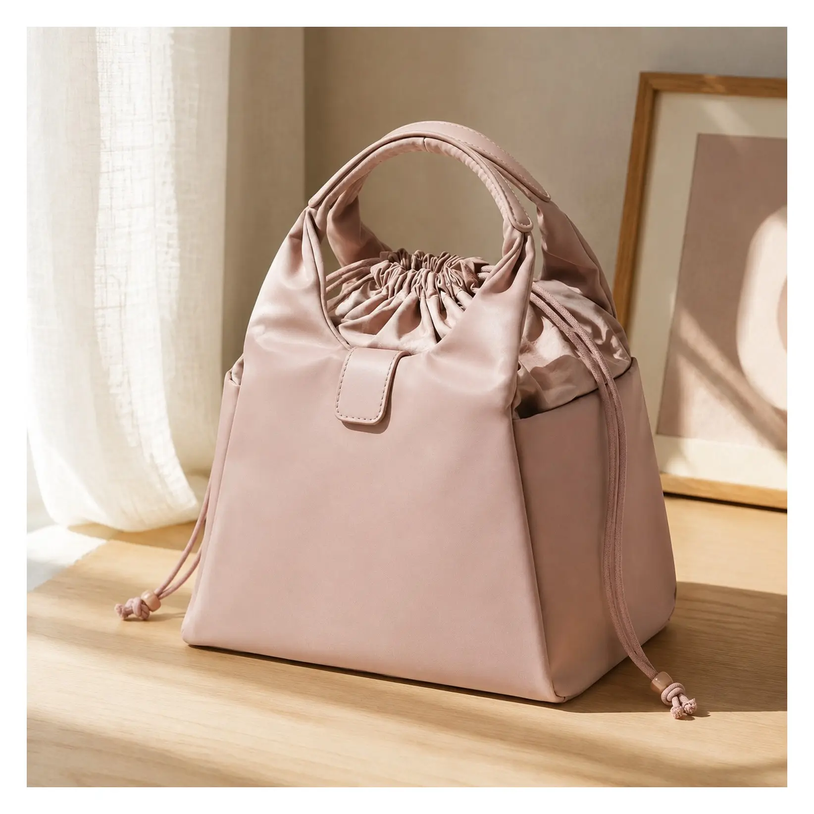 Insulated Drawstring Lunch Bag for Women - Cute Bucket Lunch Tote with 2 Side Pockets, Reusable Thermal Cooler Handbag for Office, Commute & Gym (Pink)Gift