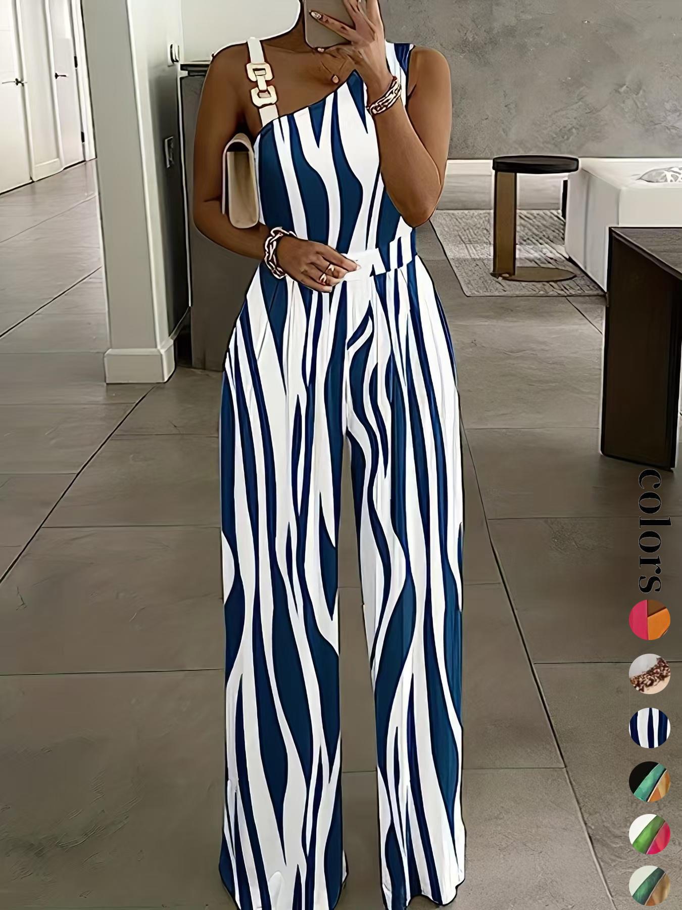 Women's Floral Print Ring-Linked Asymmetrical Neck Jumpsuit, Boho Casual High Waist Wide Leg Jumpsuit for Summer, Womenswear
