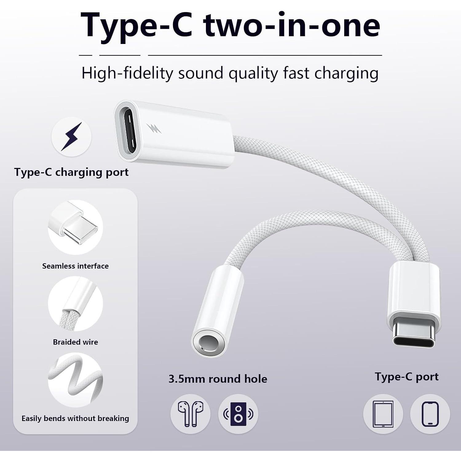 USB C to 3.5mm Headphone and Charger Adapter, 2-in-1 USB Type C to Aux Jack Dongle  with PD 60W   for  15 16 17 Pro Max Air,Galaxy S23 S24 S25 Ultra, Note 20, iPad Pro (1 PACK)