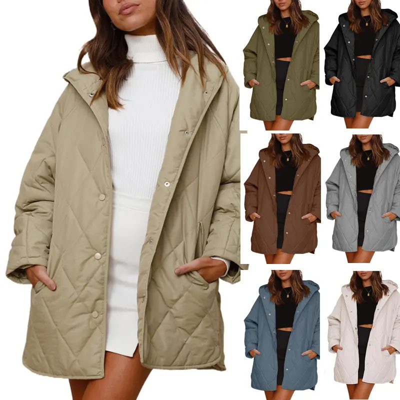 Women's Lightweight Hooded Quilted Jacket, Oversized Loose Fit Long Sleeve Coat with Pockets, Casual Snap Button Outerwear, Comfortable Fall Winter Travel Weekend Everyday Streetwear Jacket for Women, Comfy Relaxed Layering Jacket for Daily Wear