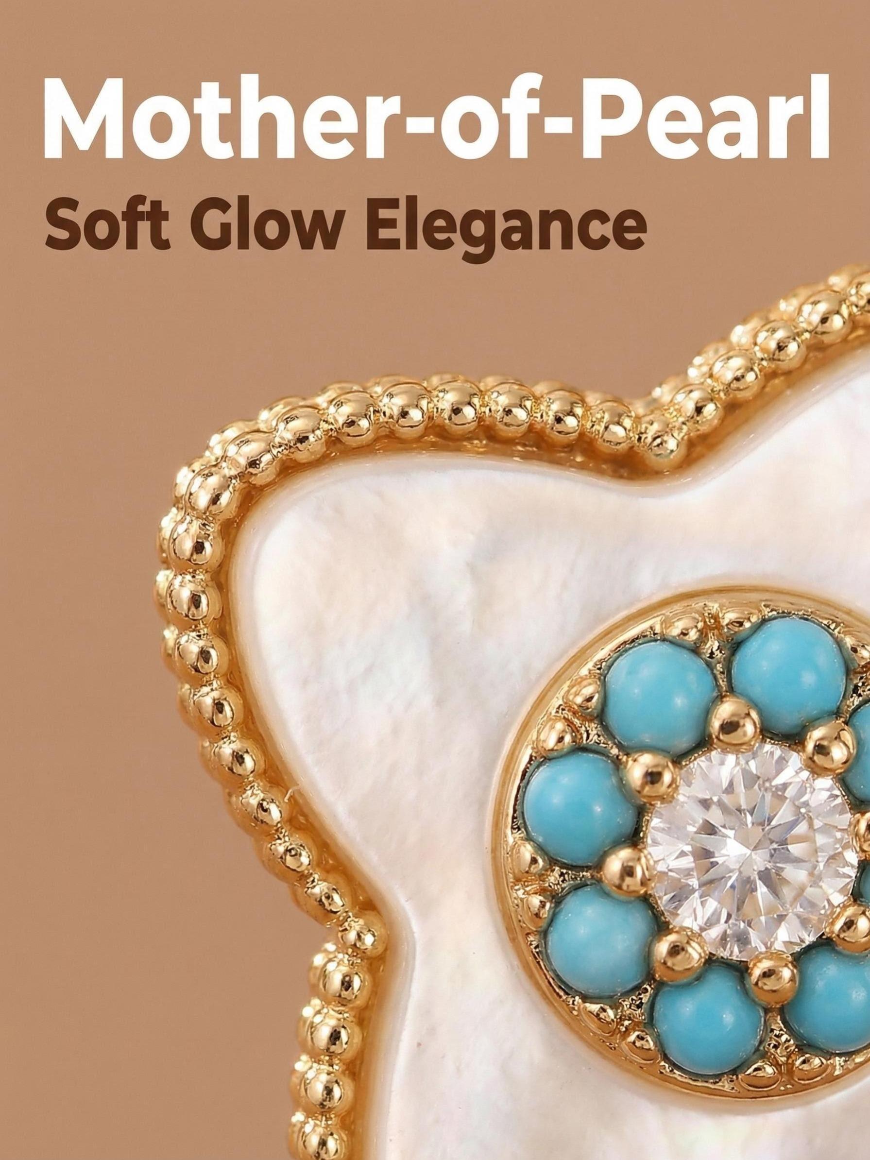 Vintage Clover Mother-Of-Pearl Turquoise Zircon Earrings, Elegant Lightweight Everyday Commuter Jewelry, Versatile Fashion Accessory