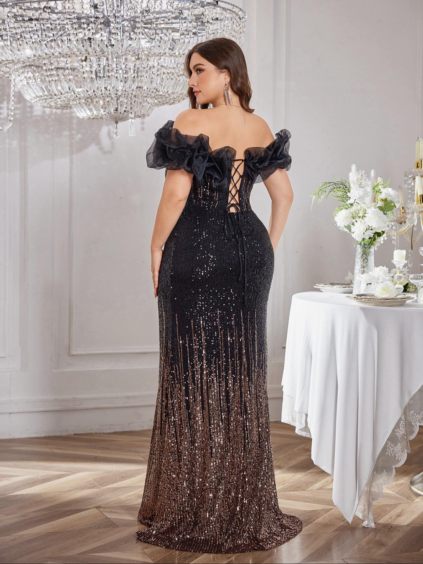 Off Shoulder Backless Adjustable Strap Fit Sequin Gradient Evening Dress, Sleeveless Party Gown, Random Cut Design, Elegant Woven Formal Wear