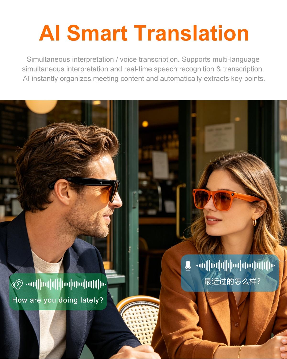 Smart Glasses with Camera for Sport,8MP Camera,One Click Audio Recording,First-Person Photo Video Shooting,Bluetooth Calling & Music Playback,AI Smart Translation and Simultaneous Interpretation ,WiFi Transfer, 290Mah Battery ,3Lenses Total