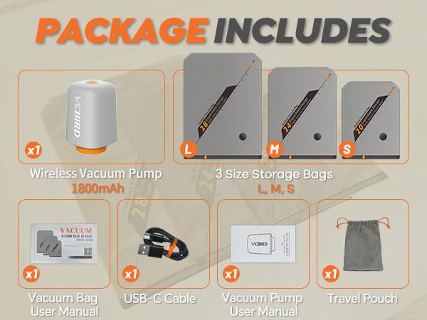 VACBIRD Vacuum Packing Pump Storage Bags 5Kpa Compression Hands-Free Cordless Rechargeable Lightweight Portable Transparent Travel Large Sealer Bags with Rounded Design Set 28/24/20 Inch 10/15/20 pcs Zipper Pouch Universal