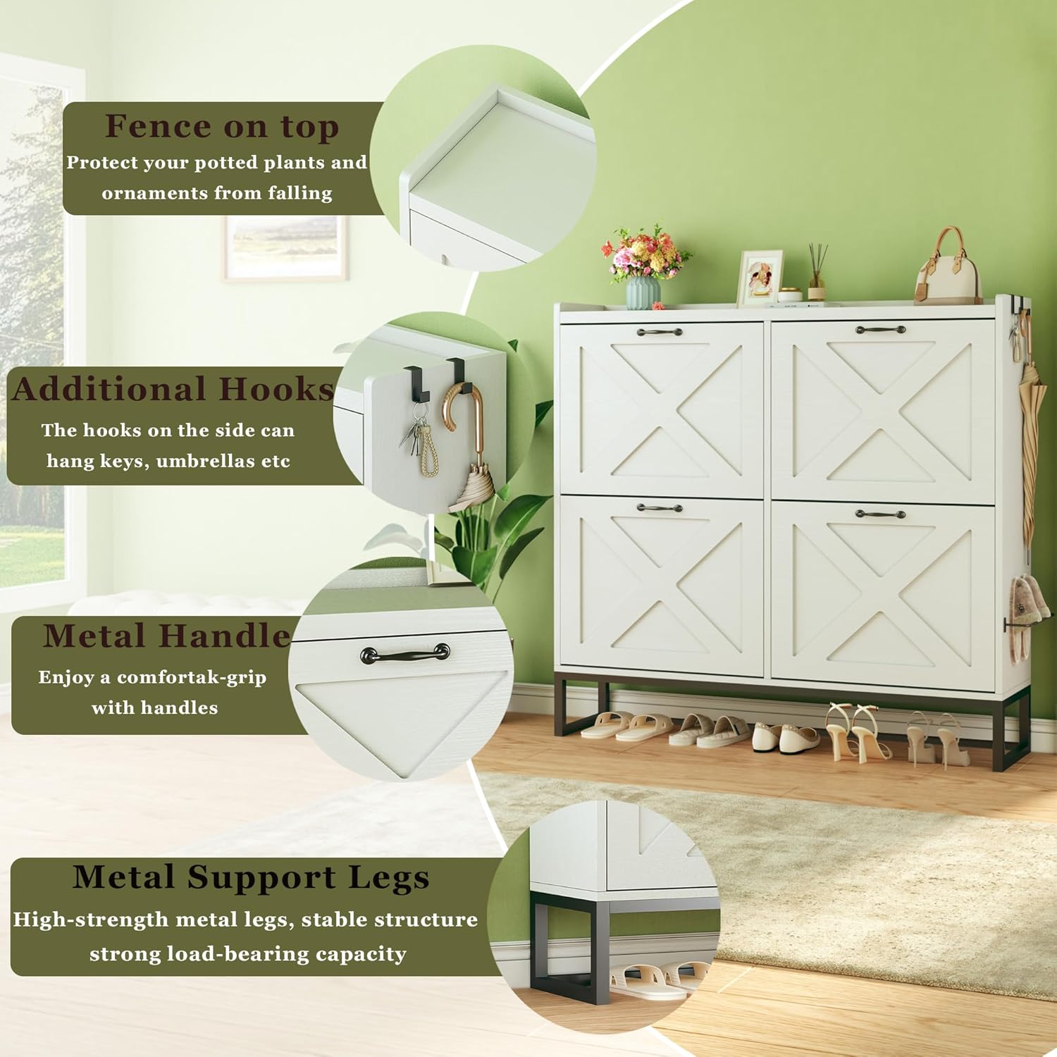 Shoe Cabinet with 4 Flip Drawers, Storage Cabinet with Mounted Rack & Adjustable Shelves, Narrow Shoe Cabinet with Metal Legs, White, for Entryway, Hallway Visit the HUAHUU Store