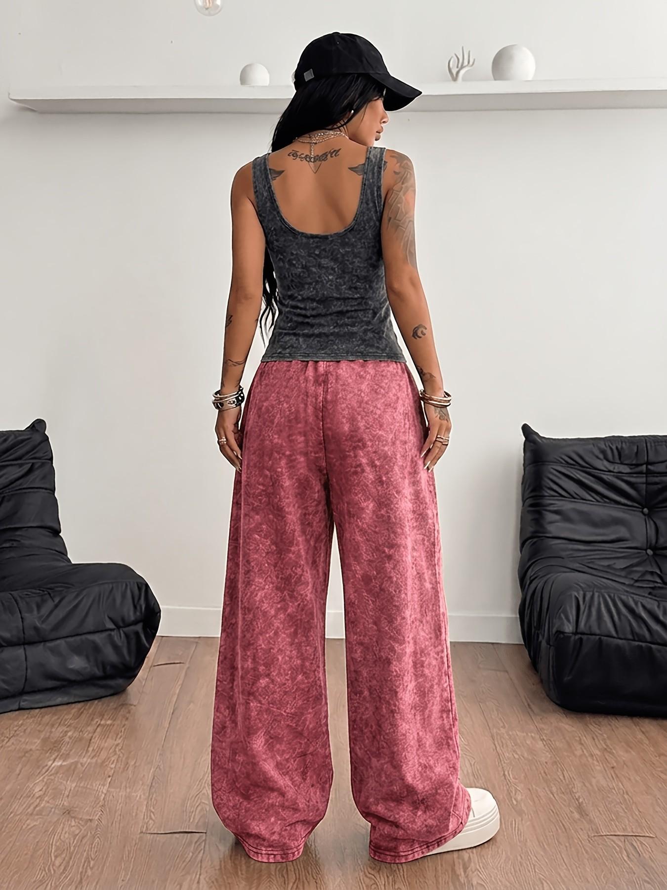 Distressed-wash sleeveless tank top and wide-leg trousers set Summer Outfit Set (3 colors available) for Women. American street style, Chic, Casual: a fitted U-neck tank paired with floor-length, draped trousers, Womenswear