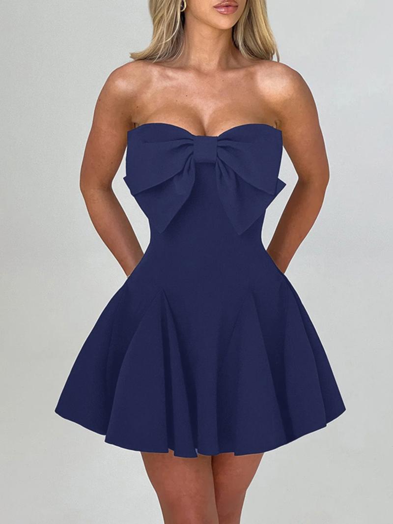 Women's Bow Decor Backless Tube Dress, Fashion Casual Strapless Fit and Flare Dress for Daily Outdoor Wear, Women Dress for Spring Fall