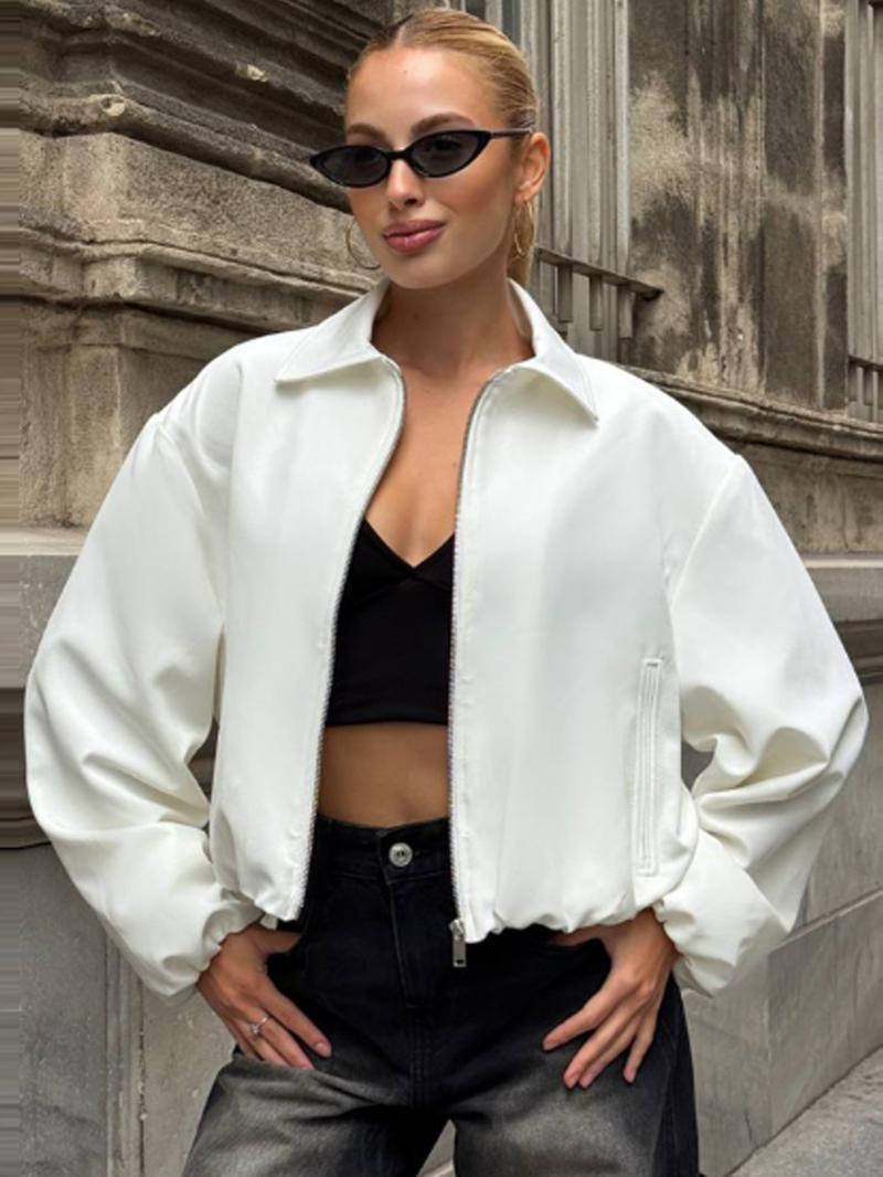 Casual Crop Oversized Puff Jacket Jacket Women's Jacket Spring 2026 Beige Khaki Black Outerwears Zip-Up Lapel Collar Long Sleeve Tops Streetwear Outfits & Weekend Hangouts Coat